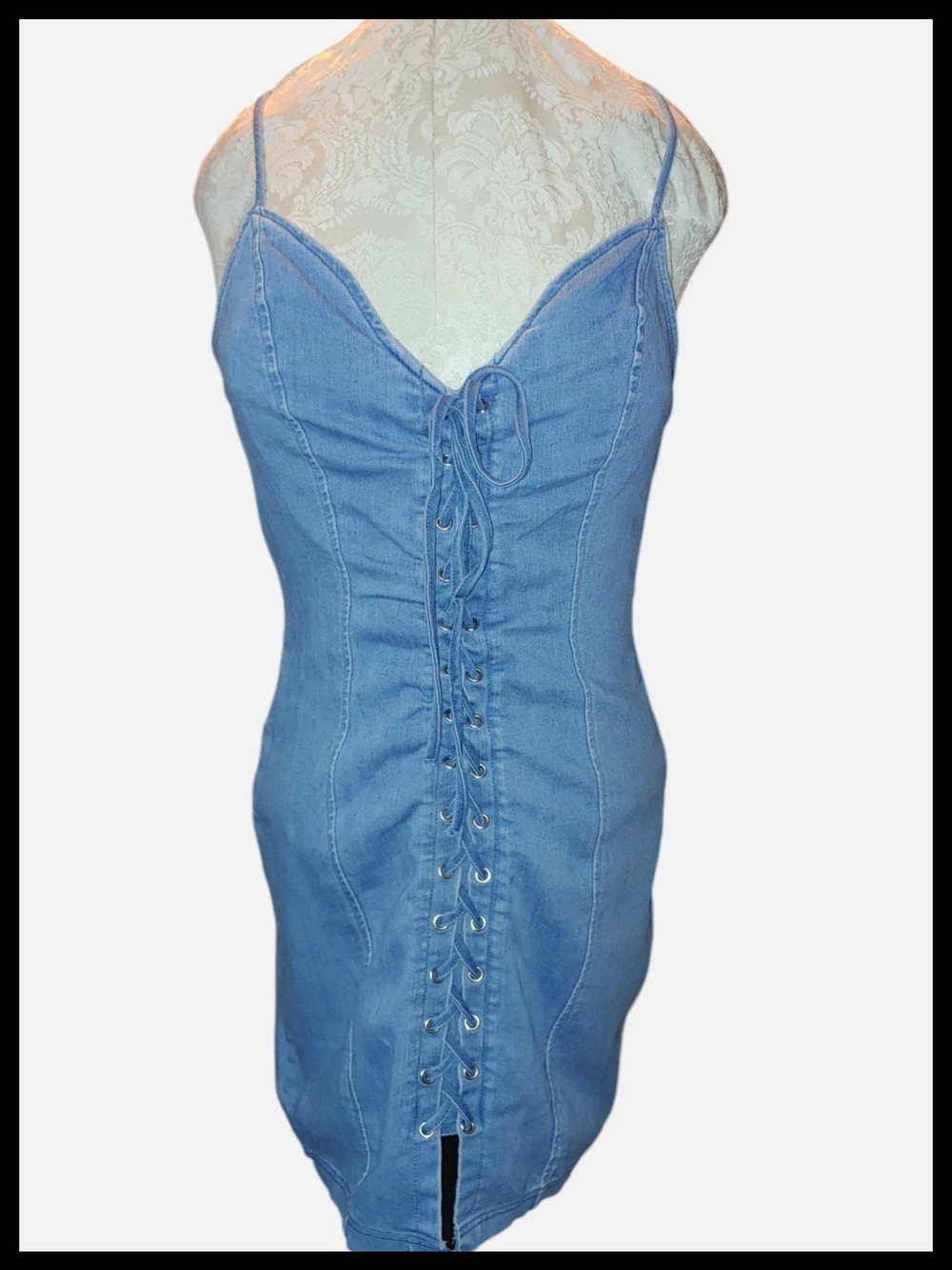 Light Blue Denim Eyelet Trim Zippered Dress